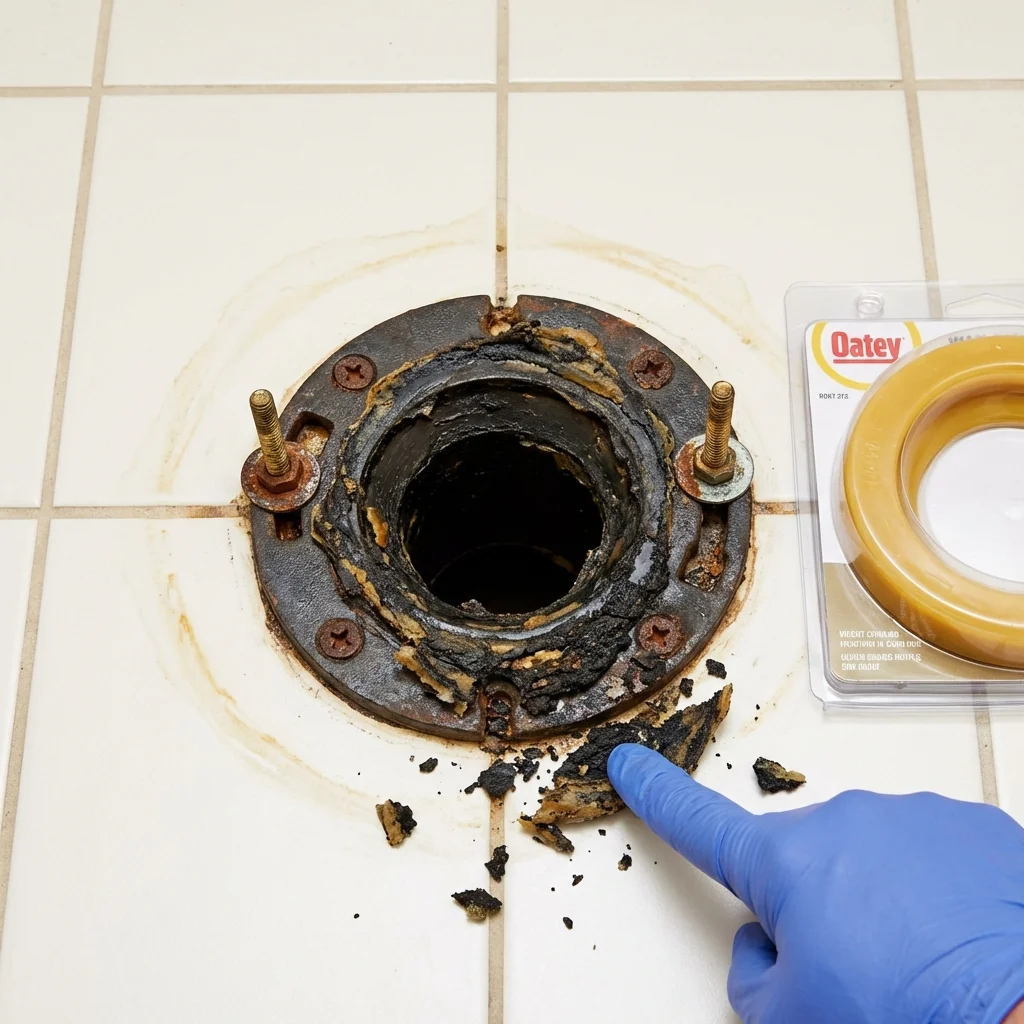 Failed wax ring showing water seepage at the base of a toilet in a Mount Vernon, MO home